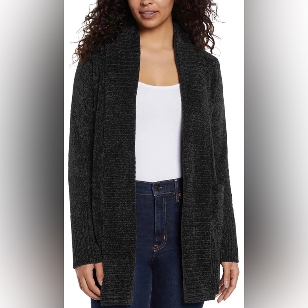 Orvis Sweaters Women's Medium Black Chenille Open Front Pockets Cardigan NEW